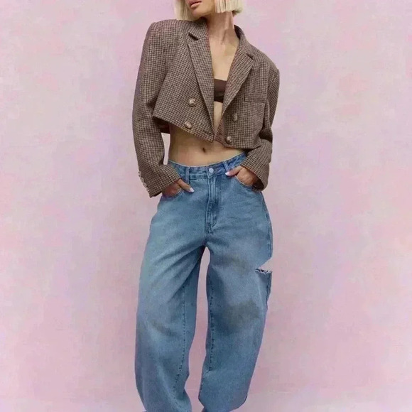 Multicolor Women's Plaid Wool Double Breasted Crop Jacket - Picture 3 of 4